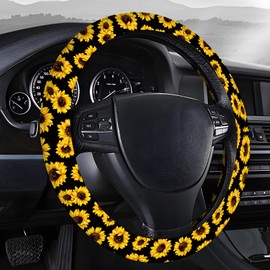 AOPEFNX Steering Wheel Covers for Car, Truck, and SUV, Cute Non-Slip Breathable Elastic Steering Wheel, Car Accessories, Universal 15 Inch Leather Cover for Men Women Sunflower