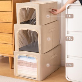 GuliPostan 3 Slim Clothes Storage Bins for Shelf, Foldable Fabric Clothes Storage Box with Metal Frame,Clothing Storage Bins with Lid,Zippers,Durable Handles (Beige,49L)