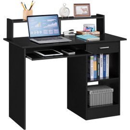 Yaheetech Home Office Wood Computer Desk with Drawers and Pull-Out Keyboard Tray, Study Writing Desk PC Laptop Table with Hutch and Storage Shelves, Modern Workstation, Black
