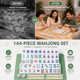 Travel Mahjong Set with Foldable Table for Game Night – Mini Chinese Tiles and 6-in-1 Accessories for Parties