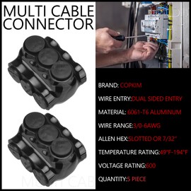 Copkim 10 Pack 3 Port Insulated Wire Connectors Black Multi Aluminum Inline Splice Tap Connector Pre-Filled Oxide Inhibitor Dual Sided Entry for Residential Wiring Applications, Ul Listed (3/0-6 AWG)