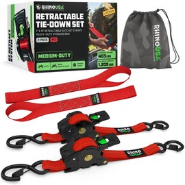 Rhino USA 1" x 10' Retractable Ratchet Straps (select 2 pack or 4 pack) - Heavy Duty Self Retracting Tie Down Straps for Truck, Cargo Trailer:_Red_4-Pack