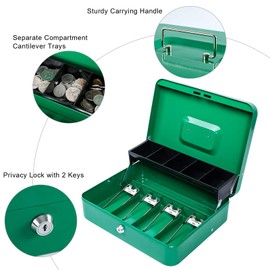 KYODOLED Locking Cash Box with Lock,Money Box with Cash Tray,Lock Safe Box with Key,Money Saving Organizer,11.81Lx 9.45Wx 3.54H Inches,Green XL Large