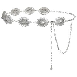 LEACOOLKEY Women Turquoise Concho Chain Waist Belt Silver Western Cowgirl Metal Chain Belt for Dress Adjustable, C-silver, Fit for Waist up to 34"