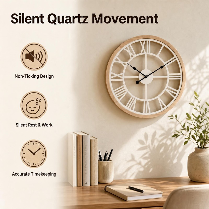 Wall Clock 24 Inch Large Wooden Silent Non-Ticking