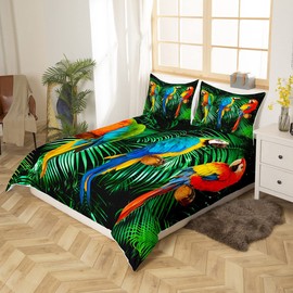 Parrot Bedding Set Single Size Watercolor Animal Feather Duvet Cover Set Palm Leaf Duvet Cover Tropical Plant Birds Quilt Cover Comforter Cover And 1 Pillow Case For Bed Room