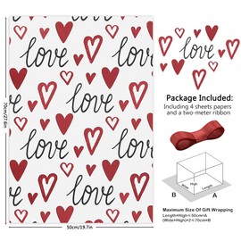 Love Wrapping Paper, Wedding Wrapping Paper With Red Heart and Ribbon, Folded Flat 4 Sheets 50x70 cm Per Sheet For Weddings, Bridal Showers, Engagements, Valentine's Day, Anniversary or Birthday