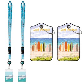 BEAKBOND 2 Pack Pu Leahter Luggage Tags with 2 Pack Lanyards,Cruise Luggage Tag Holder with Stainless Steel Loop (Colorful Surfboards)