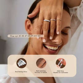 Diamday 2mm S925 Sterling Rings Silver for Women Men High Polished Sterling Silver Band Thumb Stackable Ring Comfort Fit Bands Size 7