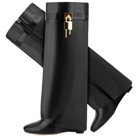 CDHYX Fold Over Boots for Women Pointy Pull-on Wedge Heel Knee Shark Boot With Side Zipper Padlock Design (Black 9)