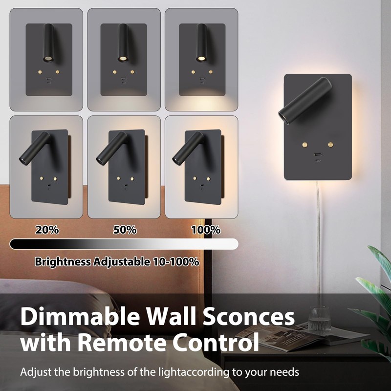 ZEROUNO Dimmable Wall Mounted Reading Light Set of 2,Adjustable Headboard