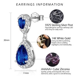 VYYU Silver Drop Earrings for Women - Sterling Silver Earrings, Dainty Diamond Dangle Earrings Hypoallergenic Earrings | Teardrop Earrings Jewellery Christmas Birthday Bridesmaid Wedding Gift, Blue