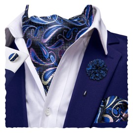 Hi-Tie Men Paisley Ascot Tie Silk Black Blue Cravat Handkerchief Cufflinks Lapel Pin Scarf Tie Sets Wedding Party Formal