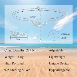 Bewenda Anklets for Women 925 Sterling Silver Ankle Bracelets, Classic Anklet with Branch Leaf, Summer Beach Barefoot Ankle Chain, Flexible Fit Foot Chain Adjustable 22+5cm Girls Jewellery- Silver