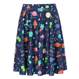 HDE - Faldas para mujer, falda media, falda patinadora, hasta la rodilla, cintura alta, estampados divertidos, Alfabeto espacial, X-Large