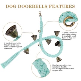 Dog Bell for Door Potty Training, Cotton Handwoven Dog Doorbell with 6 Extra Loud Bells for Dog Training, Adjustable Hanging Door Bell for Small Medium Large Dogs to Ring to Go Outside, LightGreen