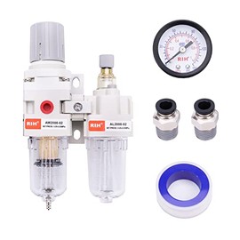 RIH Pneumatics Compressed Air Filter Regulator Lubricator Combo Water/Oil Trap Separator - Gauge(0-150 psi), Semi-Auto Drain, Poly Bowl,Bracket - 3 in 1 Two Unit (1/4“ NPT Auto Drain)