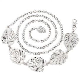 Monstera Leaf Silver Metal Western Chain Belt - Boho Fairy Witchy Body Jewelry for Women - Adjustable Waist Belt for Plant Moms, Ren Faire & Festival Style, One Size Fits All, Metal