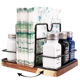 Janxin Wooden Napkin Dispenser for Worktop, Rotating Napkin Holder, Napkin Holder, Made of Wood, 360° Rotatable, Suitable for Paper Towels and Spice Bottles (Wood-Coloured Base + Rotatable)