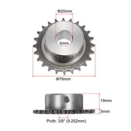 QUARKZMAN ISO/DIN 06B-1 Roller Sprocket B Type, 20 mm Bore, 3/8 Inch Pitch A3 Steel Single Strand Roller Sprocket Hardened, 24 Teeth