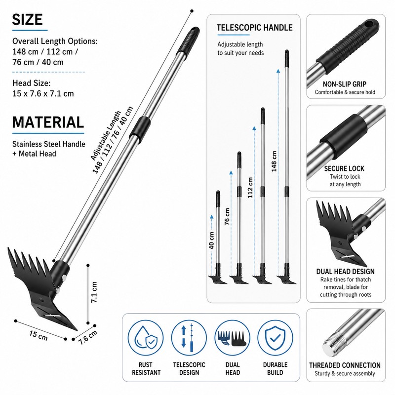 2-in-1 Garden Thatch Rake for Weeding & Soil Care –