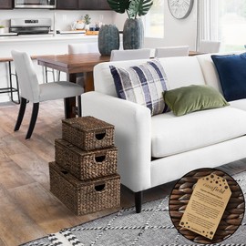 Casafield Set of 3 Water Hyacinth Rectangular Storage Baskets with Lids (Small/Medium/Large), Multipurpose Decorative Shelf Organization Totes for Bedroom, Bathroom, Laundry, Home Office