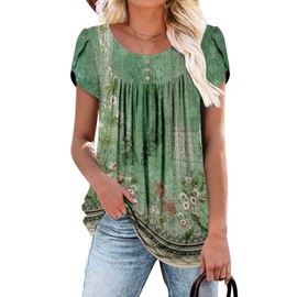 BETTE BOUTIK womens cotton tunic tops petal short sleeve womens tops button shirts GreenCoral 3X-Large