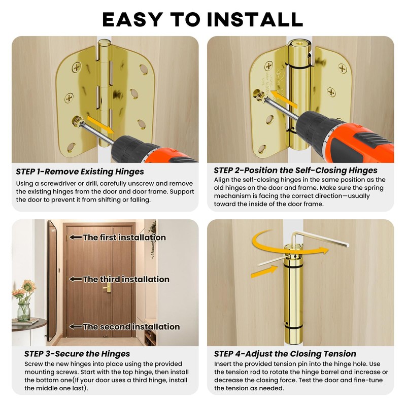 goldenwarm 3 Pack 4 Inch Polished Brass Self Closing Door
