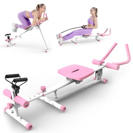 4-in-1 Exercise Equipment Rowing Machine Leg Press Machine Ab Glider Machine Roman Chair Fitness Equipment for Ab Workout Core Strength Training(Pink)
