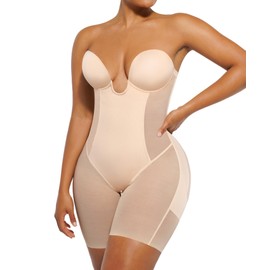 SHAPELLX Shapewear Bodysuit Tummy Control Body Shaper V Plunge Corset Low Back Shapewear with Built-in Bra for Women Nude