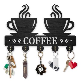 MAYJOYDIY Wood Hot Coffee Coat Hooks Coffee Beans Key Holder for Wall 11.8×7.9inch 2 Cups of CoffeeTea Key Hanger 5 Alloy Hooks Decoratice Key Hook for Gift Coffee Shop Living Room Kitchen Office
