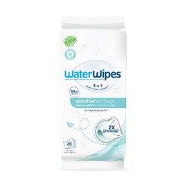 WaterWipes Sensitive+ On The Go Wipes, 3-In-1 Cleans, Cares, Protects, 99.9% Water, Unscented & Hypoallergenic Wet Wipes, 28 Count (Pack of 1)