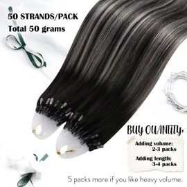 Moresoo Micro Ring Real Hair Extensions, 45 cm, Black and Silver Hair Extensions, Silky Smooth for Any Activity, 50 g, 50 Strands, #1B/S/1B