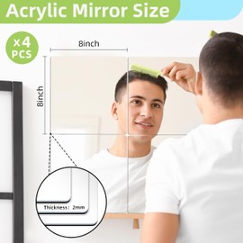 Self Adhesive Unbreakable Acrylic Mirror Full Length Mirror Tiles Flexible Plastic Mirror Sheets 2MM Thick Mirror,Frameless Small Mirror for Home Wall Decor Gym DIY Craft (4, 8"×8")