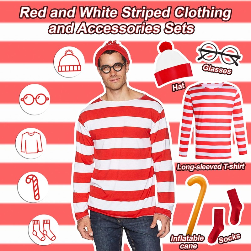 5 Pcs Red and White Striped Wally Costume for Adult,