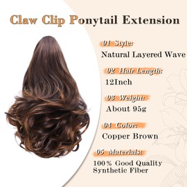 NAYOO Claw Clip Ponytail Extension Copper Brown 12" Short Wavy Ponytail Clip in Hair Extensions for Women Curly Natural Layered Pony Tails for Short Thin Hair Synthetic Hairpiece(Copper Brown)