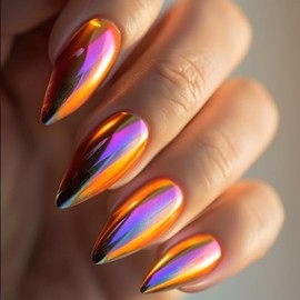 Chrome Fake Nails Almond Press on Nails Metal Mirror False Nails Press ons Glossy Gradient Acrylic Nails Medium Full Cover Holographic Glue Stick on Nail for Women Girls Manicure 24Pcs