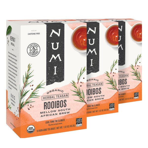 Numi Organic Rooibos Tea, 18 Tea Bags (Pack of 3) South African Red Tea, Caffeine Free Herbal Tea (Packaging May Vary)