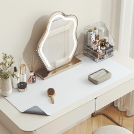 DAWNTREES Makeup Mat for Vanity,27.6"x13.8",Dual-Sided Leather Vanity Mat, Easy to Clean, Waterproof and Oilproof,Desk Pad Mat to Protect Vanity(White - Silver)