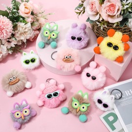 Equsion 48 Pcs Kawaii Keychains Bulk Cute Plush Keychains Fluffy Pompoms Balls with Tassels and Keyrings Key Chain Kawaii Party Favors for Birthday Goodie Bags Piñata Prizes(Playful)