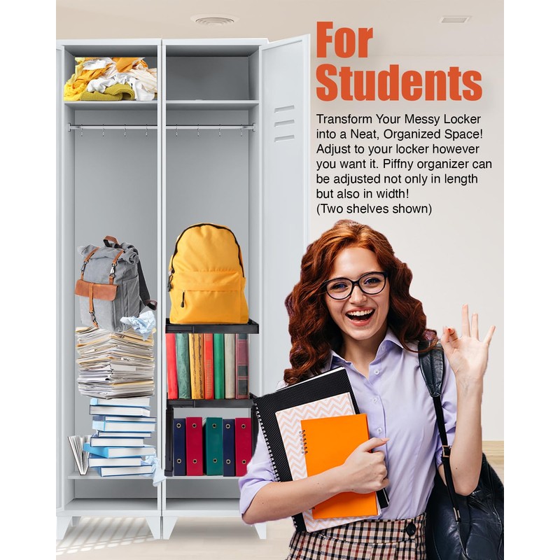 Piffny Locker Organizer Shelf, Adjustable Width and Height, Stackable, 2