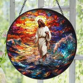 Zizzie Stained Glass Jesus Suncatcher - 7.9" Real Glass Walking on Water Window Hanging, Weatherproof Christian Religious Decor, Overcoming Storms Sympathy Faith Gift for Mom Pastor