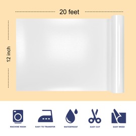 HTV Heat Transfer Vinyl, 12" x 20ft White HTV Heat Transfer Vinyl, for All Cutting Machines Designed for DIY T-Shirt Heat Transfer Vinyl Iron on, Easy to Cut Weeding.