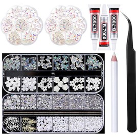 MUEYAN 3D Acrylic Butterfly White Flowers Glitter Nail Charms Cute Mixed Starry AB Crystal Nail Rhinestones Set with Glue Clear + 1 Pcs Rhinestone Picker Dotting Pen + 1 Pick Up Tweezer