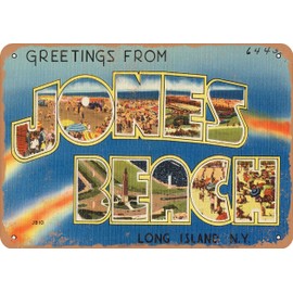 7 x 10 METAL SIGN - New York Postcard - Greetings from Jones Beach, Long Island, N. Y. - Vintage Rusty Look