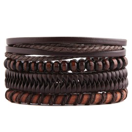 STWTR Mix 4 Wrap Bracelets Men Women, Hemp Cords Wood Beads Ethnic Tribal Bracelets, Leather Wristbands (N)