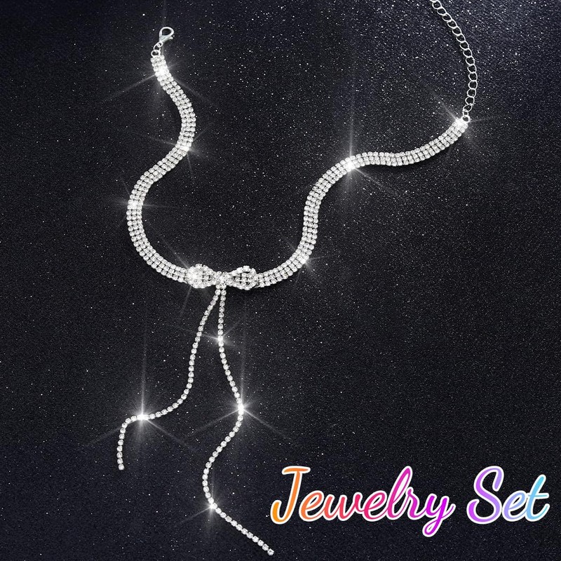 Campsis Crystal Rhinestone Bow Choker Necklace, Silver Adjustable Length