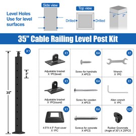 CKE 36" Cable Railing Post(Post 35"x2"x2"), Adjustable Top Level Drilled Cable Railing Post, Matte Black T304 Stainless Steel Level Drilled Railing Line Handrail Post for Indoor Outdoor, LP01