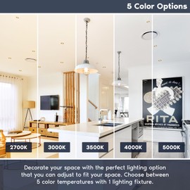 LUXRITE 3 Inch Ultra Thin LED Recessed Light with Junction Box, 8W, 5 Color Options 2700K | 3000K | 3500K | 4000K | 5000K, Dimmable Wafer Lights, 540 Lumens, Brass Trim, Energy Star, IC Rated