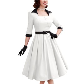 MUXXN Women's 50s Retro Casual Swing Midi Dress 3/4 Sleeve Square A Line Neck Vintage Cocktail Wedding Guest Bodycon Prom Off White S